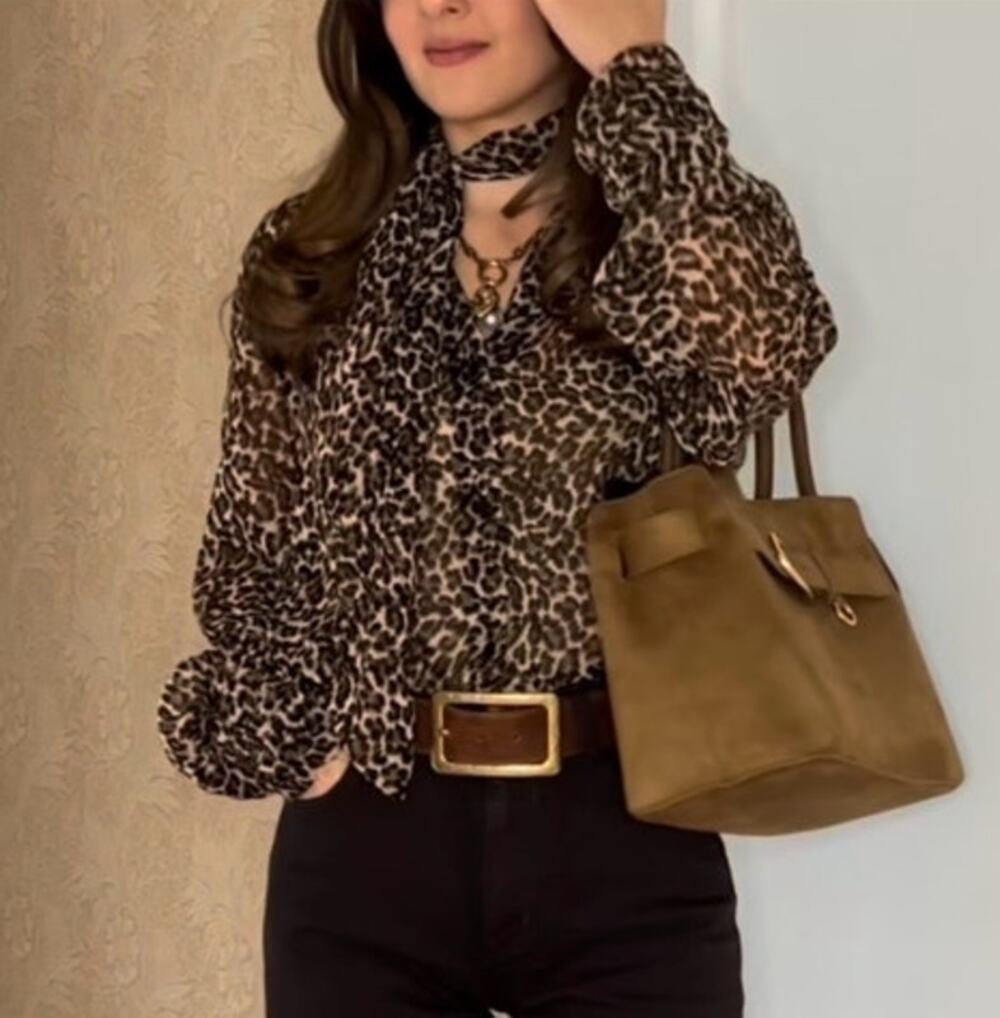 Nicholas Top Leopard Animal Print 100% Silk Tie Neck Long Sleeve Blouse Brown 2